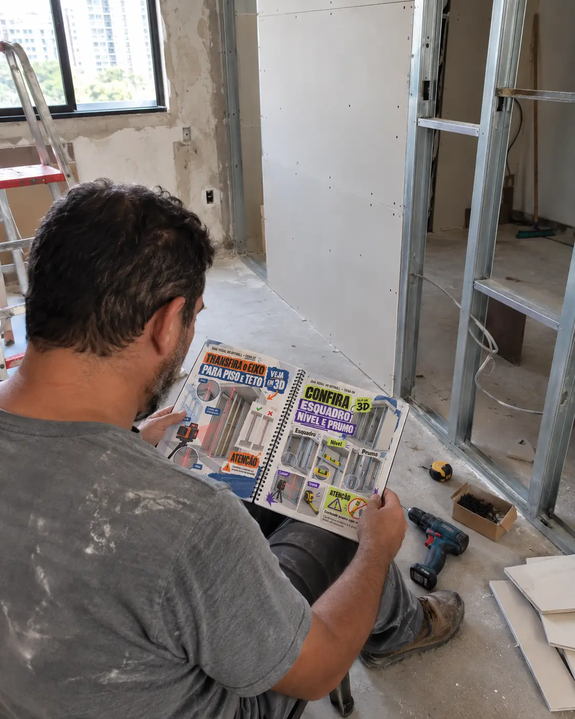 Pessoa utilizando o Guia Visual do Drywall 6